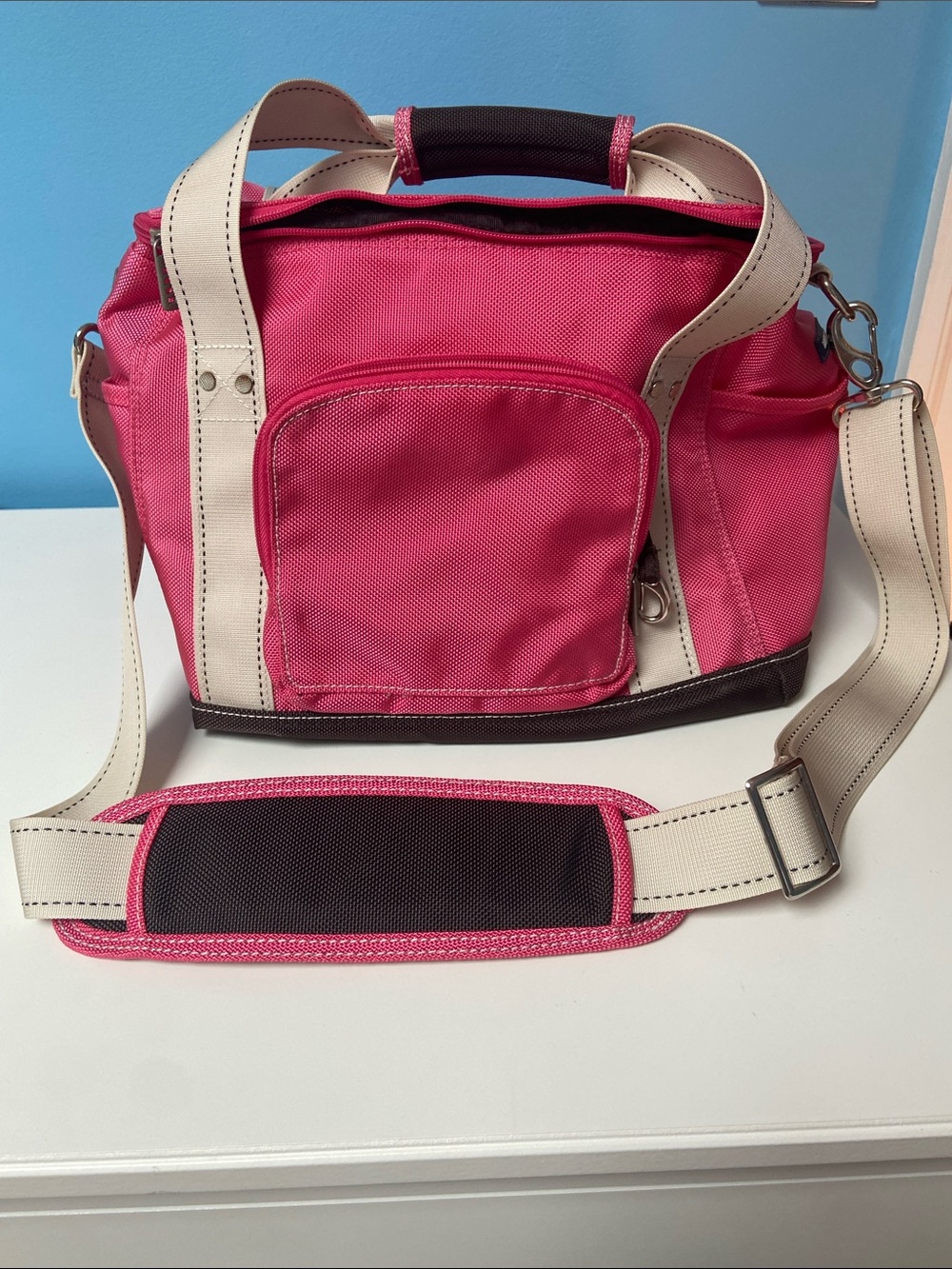 Vintage Lands End Hot Pink Nylon Tote with Cream Straps